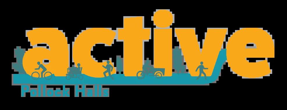 The Active Pollock Halls logo. Active is in large yellow text, surrounded by people walking and cycling. Pollock Halls is in smaller blue text.
