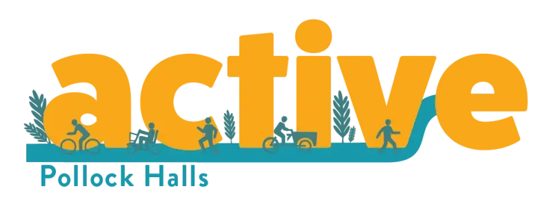 The Active Pollock Halls logo. Active is in large yellow text, surrounded by people walking and cycling. Pollock Halls is in smaller blue text.