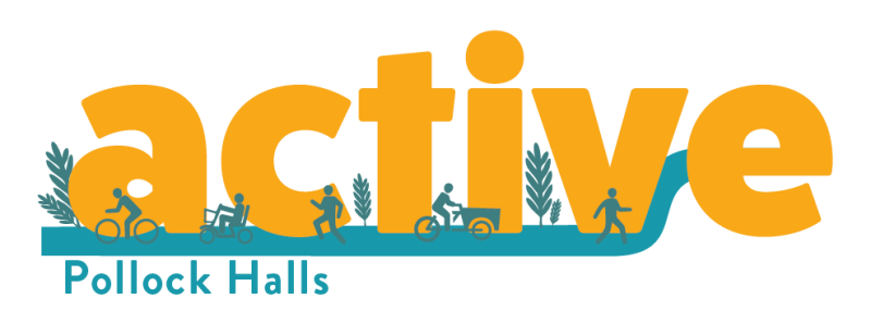 The Active Pollock Halls logo. Active is in large yellow text, surrounded by people walking and cycling. Pollock Halls is in smaller blue text.