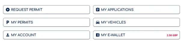 A screenshot of the parking home page with its options