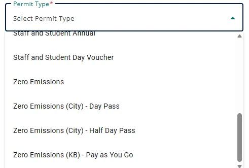 A screenshot of different permit types for parking