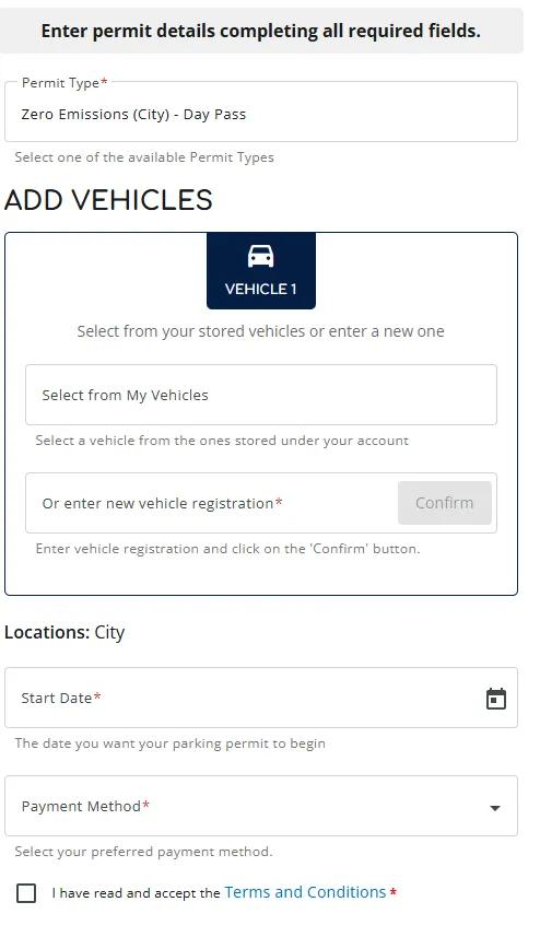 A screenshot of vehicle selection, date selection, and payment type selection from the Parking permits website