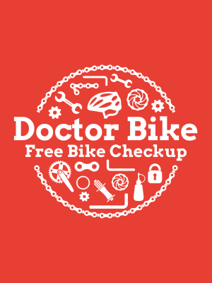 A logo for the Doctor Bike service. The text says "Doctor Bike: Free bike check-up"
